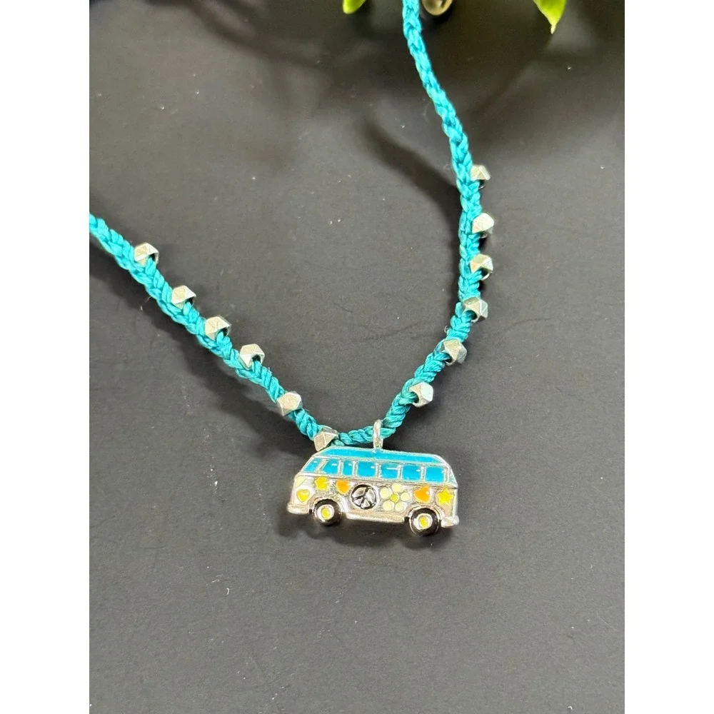 Pura Vida Teal Braided Bracelet Enamel Surf Van Peace Sign Charm Hippie Bus